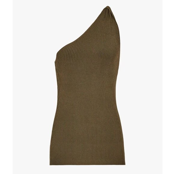 REISS Thea Twist One Shoulder Top Size L Khaki Green Ribbed Stretch NEW $150 - Picture 3 of 8